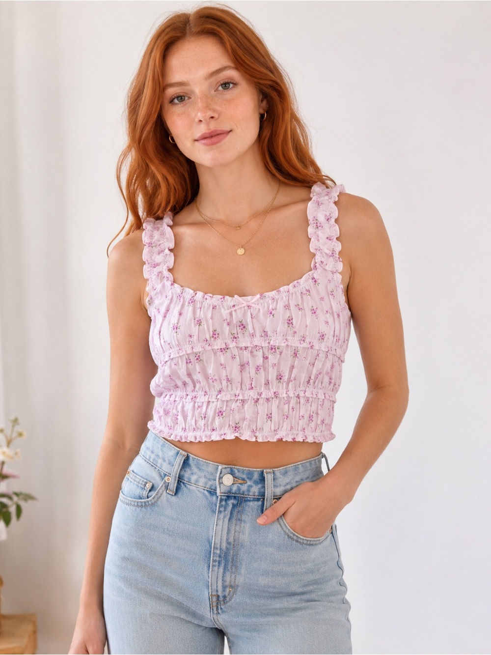 Love Tree Women’s L Pink Floral Ruched Ruffle Strap Crop Tank Top Coquette NWOT